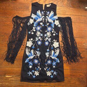 Size 6 Blue Embroidered ASOS Cocktail Dress With Arm Fringe